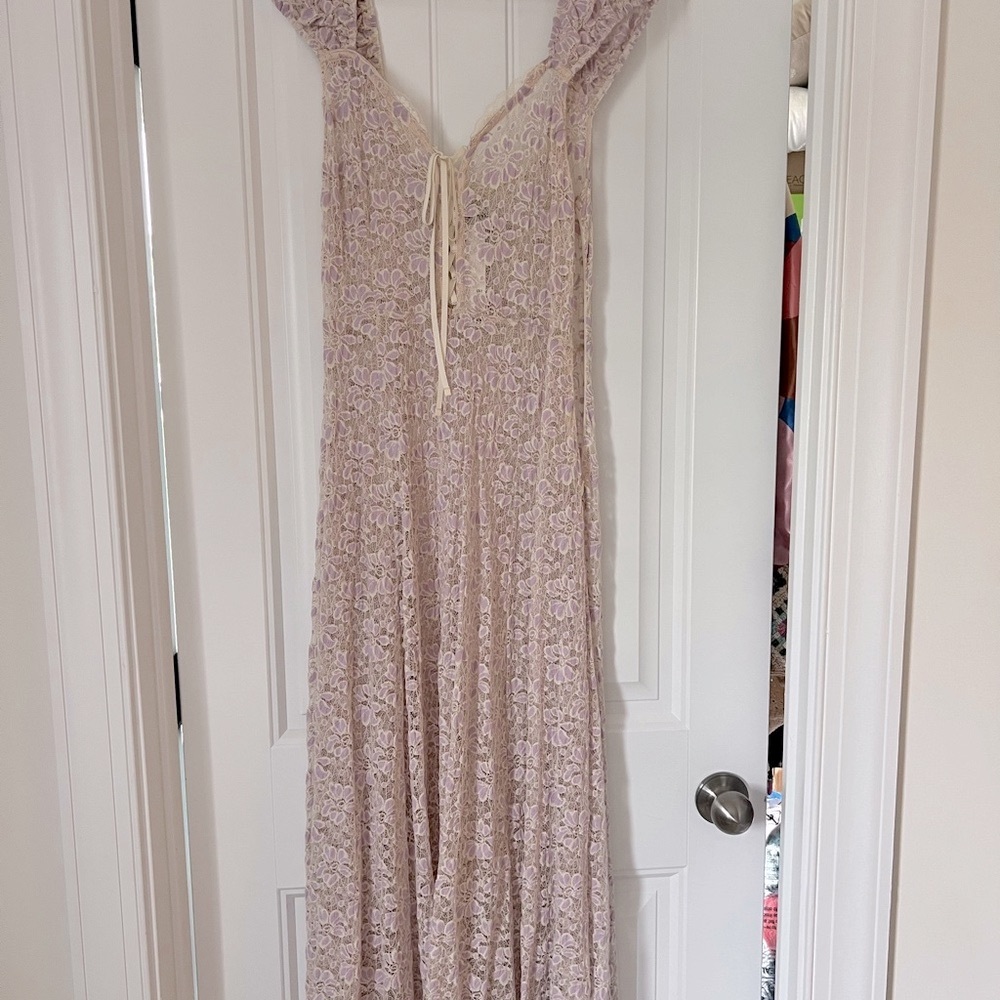 UO Lace Maxi Dress in Cream & Purple